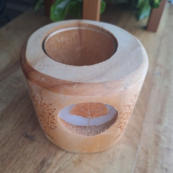 Wooden Candle Holder Leaf Fall Rustic Tree Cabin Cottage Country Wax 5 Inch Tall - Picture 10 of 10